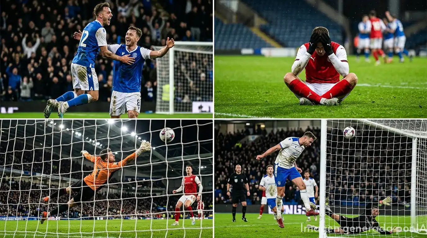Composición con Celebración de gol, lamento por perder, gran parada portero, gol de cabeza