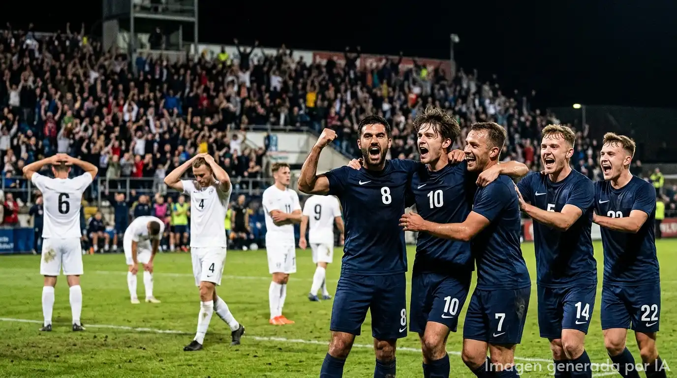 Jugadores celebrando un gol mientras el equipo contrario se lamentan