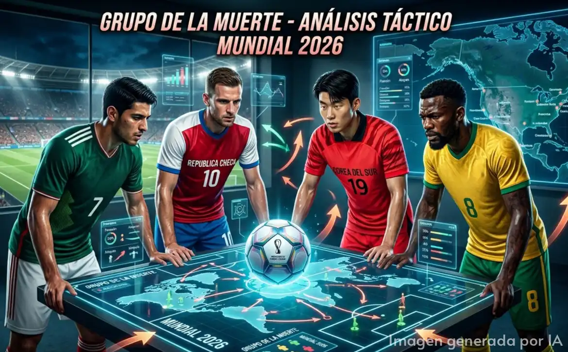 Análisis del Grupo A del Mundial 2026 con México, Corea del Sur, República Checa y Sudáfrica en una ilustración táctica generada por IA