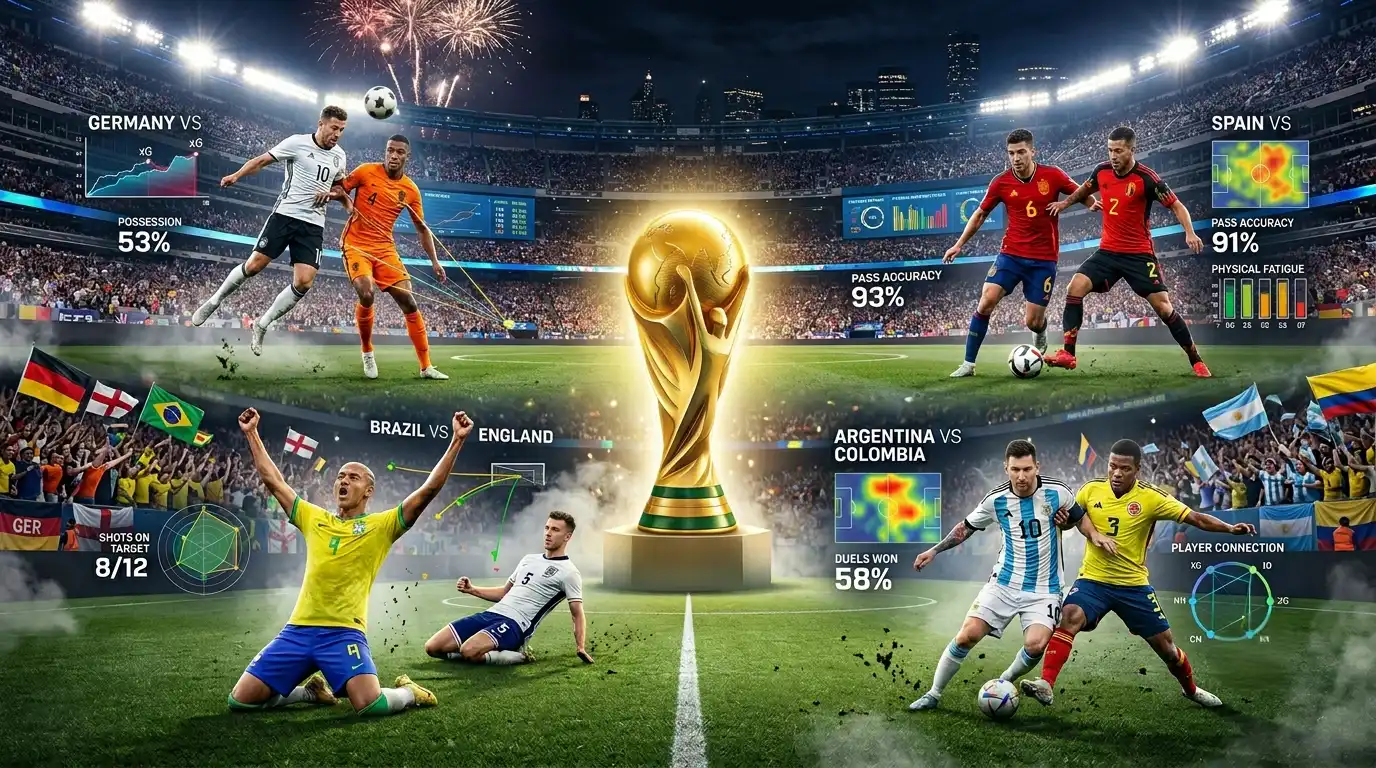 Mundial 2026, cuartos: análisis, predicción y favoritos Montaje de los cuartos de final de un Mundial simulado con los cruces Alemania-Países Bajos, España-Bélgica, Brasil-Inglaterra y Argentina-Colombia alrededor de un gran trofeo, acompañado por gráficos tácticos y métricas de desgaste físico que representan un análisis predictivo del torneo