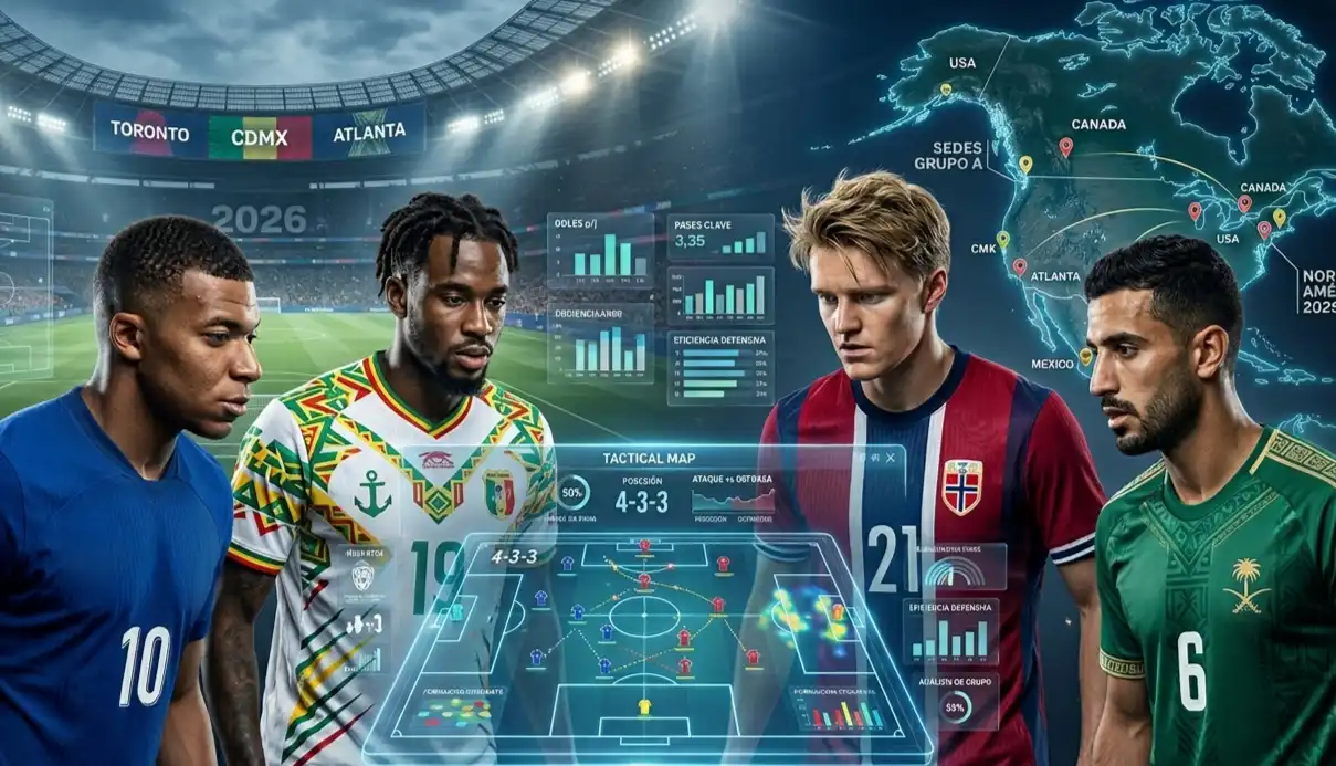 Análisis del Grupo I del Mundial 2026 con Francia, Senegal, Noruega y Irak en una ilustración táctica generada por IA