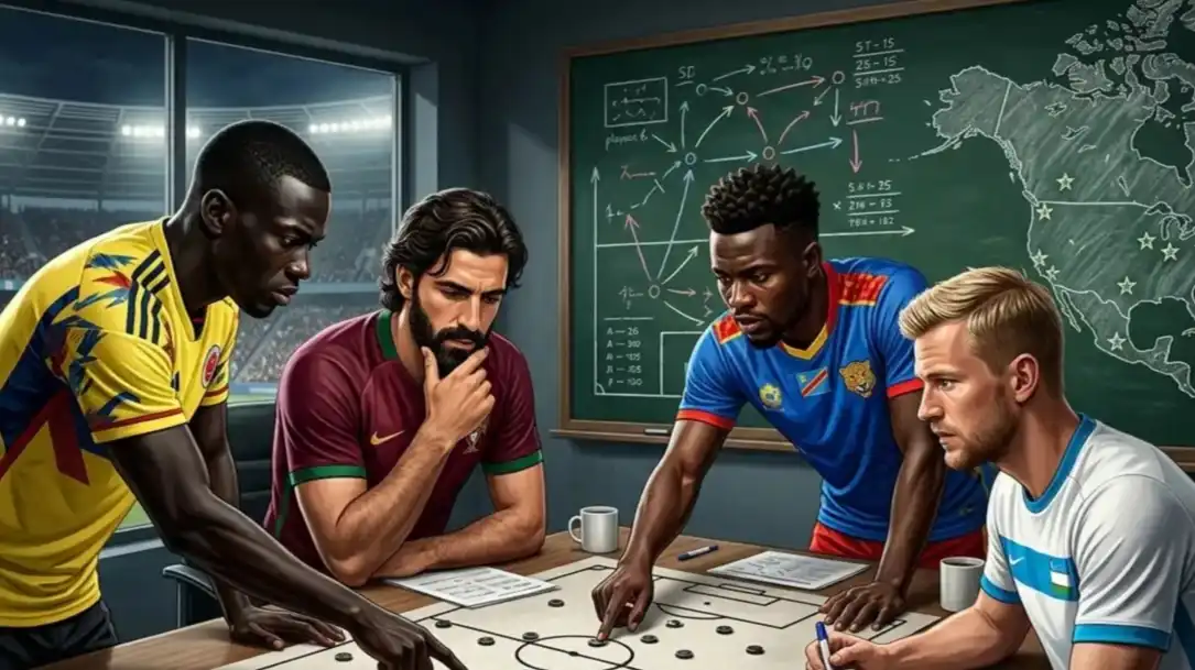 Mundial 2026 Grupo K: análisis, predicción y favoritos Análisis del Grupo K del Mundial 2026 con Colombia, Portugal, R.D. Congo y Uzbekistán en una ilustración táctica generada por IA