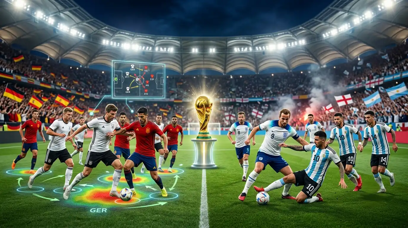 Ilustración generada por IA de las semifinales de un Mundial ficticio, con Alemania frente a España e Inglaterra frente a Argentina en un estadio lleno, mientras una gran copa dorada preside la escena en una atmósfera épica y cinematográfica