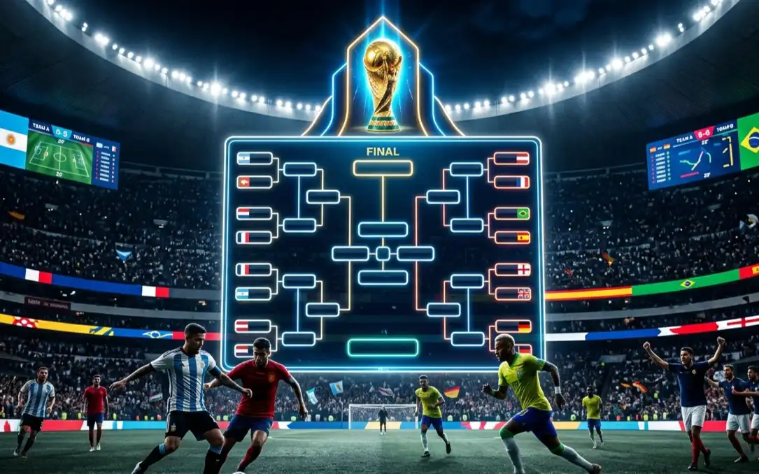 Ilustración deportiva de los dieciseisavos de final del Mundial 2026, con un cuadro de eliminatorias iluminado en el centro y jugadores genéricos representando a las principales selecciones favoritas rodeados por estadios llenos y un ambiente de máxima tensión competitiva