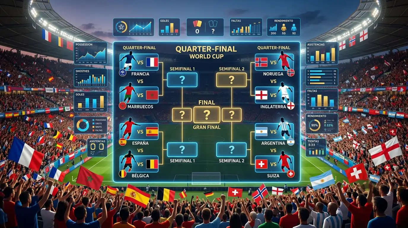 Mundial 2026: Resultados de cuartos y semifinalistas Ilustración generada por IA del cuadro de cuartos de final del Mundial en un ambiente de grandes partidos